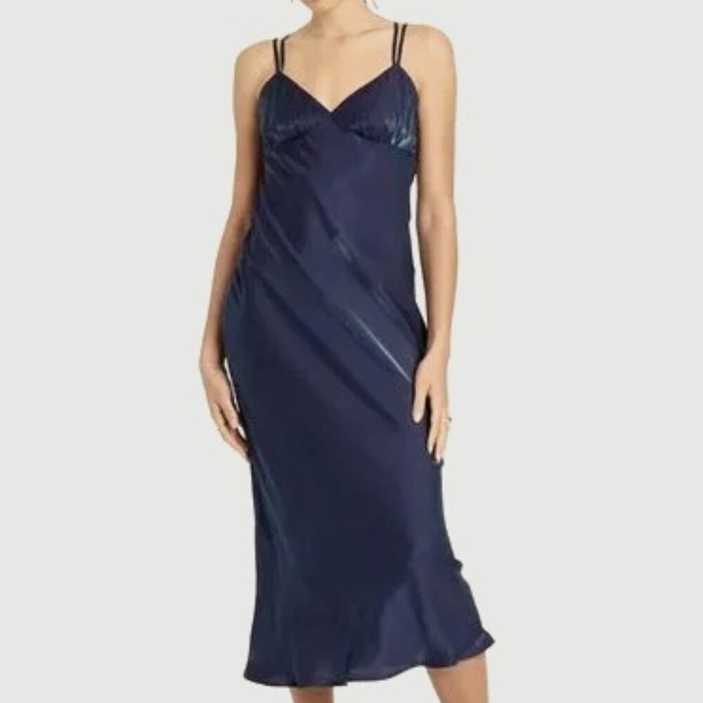 NWT, SZ L, Bias Cut Satin Midi Dress, Iridescent Blue